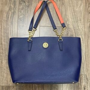 Anne Klein Dark Blue Faux Leather Tote Bag Purse with attached pouch